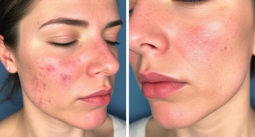 Side-by-side comparison of typical acne lesions (blackheads, cysts) with areas affected (jawline, chin)