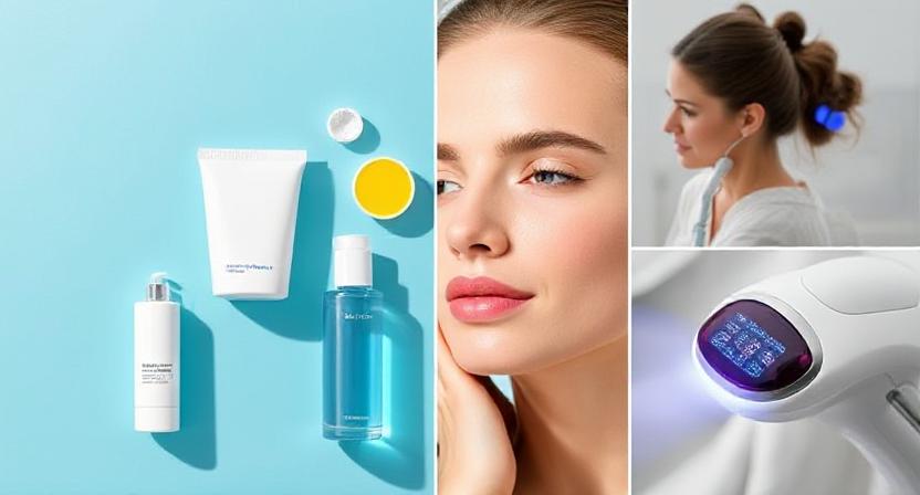 Collage of skincare products, sunscreen, dermatologist consultation, and laser therapy