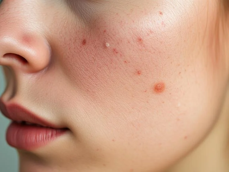 Close-up of a woman with various acne lesions (blackheads, whiteheads, cysts)